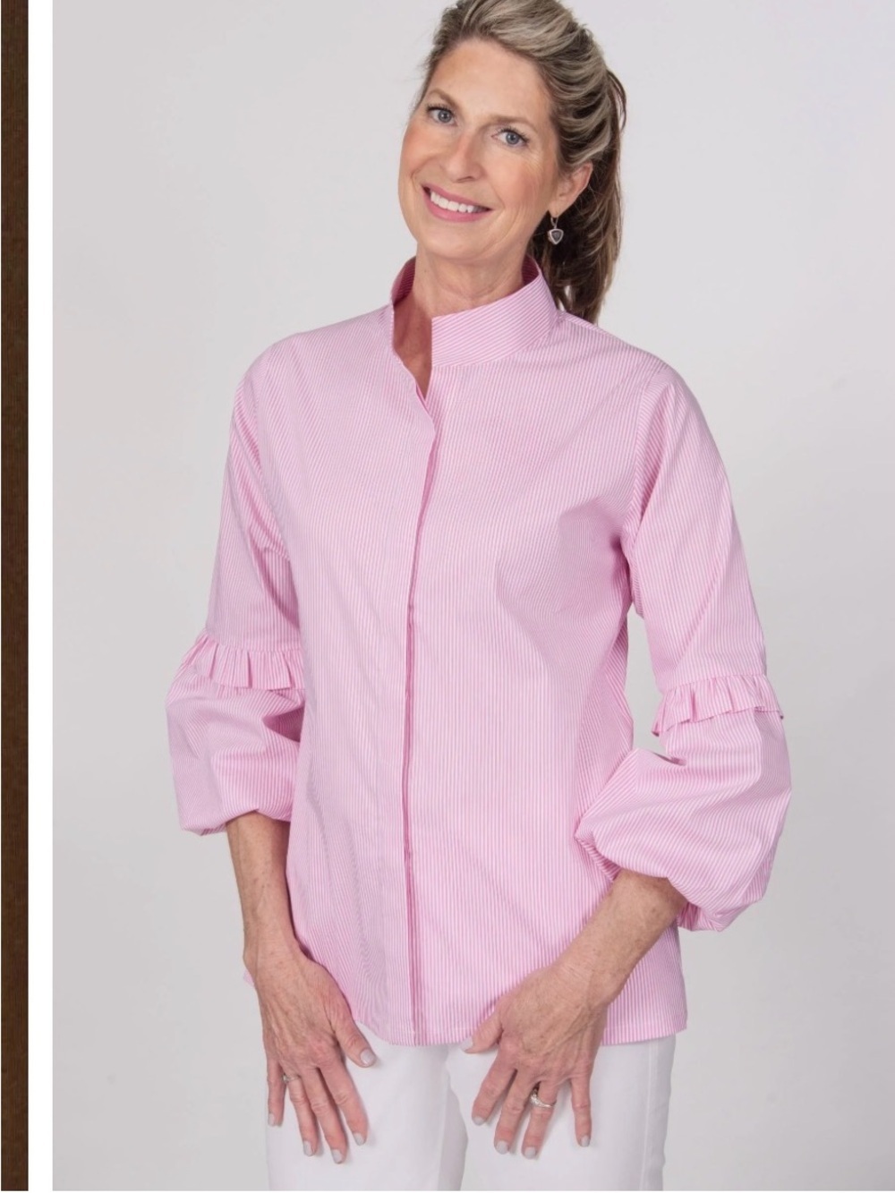 Women's Pink Ruffle-Sleeve Button-Down Shirt